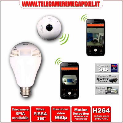 Telecamera Nascosta 1.3 Megapixel WIFI - P2P - 960P - PTZ - ottica 180/360° - FISHEYE