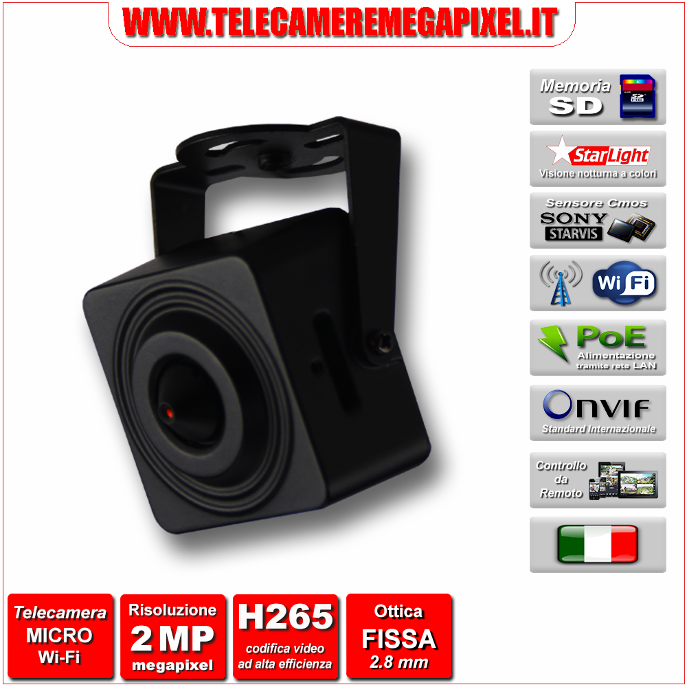 WN-IP2MPSDWIFI-02 Microtelecamera IP - 2 Megapixel - Sony STARVIS - WIFI -  memoria SD fino a 128 GB