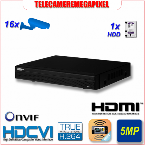 HCVR5116HE-S3 - Videoregistratore DVR - HDCVI - 16 canali - H264 - Telecamere fino a 5MP