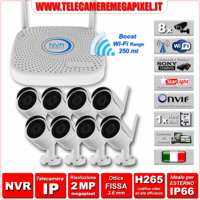 Kit WiFi WN-KITIP2MP2-8-8TLC - Kit Videosorveglianza WiFi - NVR IP H265 + 8 Telecamere WIFI 2 Megapixel Ottica 3,6 mm H265