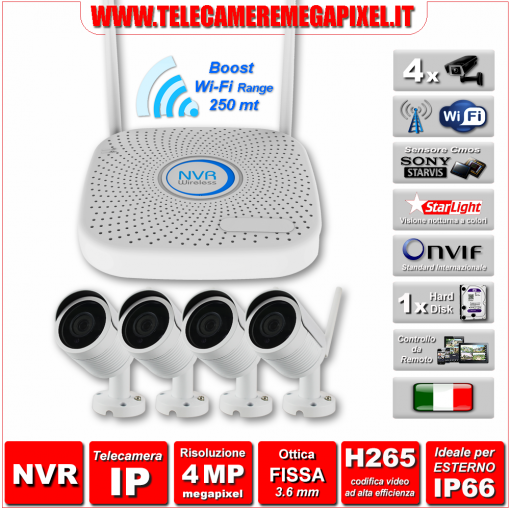 Kit-WiFi WN-KITIP4MP2-4-4TLC - KIT Videosorveglianza WIFI NVR IP H265 + 4 Telecamere WIFI 4 Megapixel Ottica 3,6 mm H265