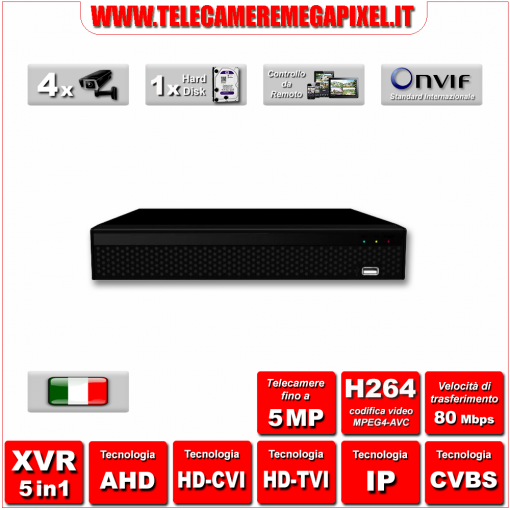 WN-XVR5IN1-41H-01 - Video Registratore XVR - 5 in 1 - H264 - Telecamere fino a 5MP