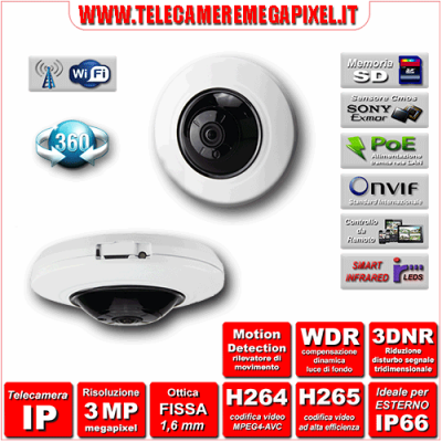 Telecamera IP 360° IPC-WN-EBW82050 - H264 / H265 - risoluzione 3 Megapixel ottica Grandangolare 1,05 mm