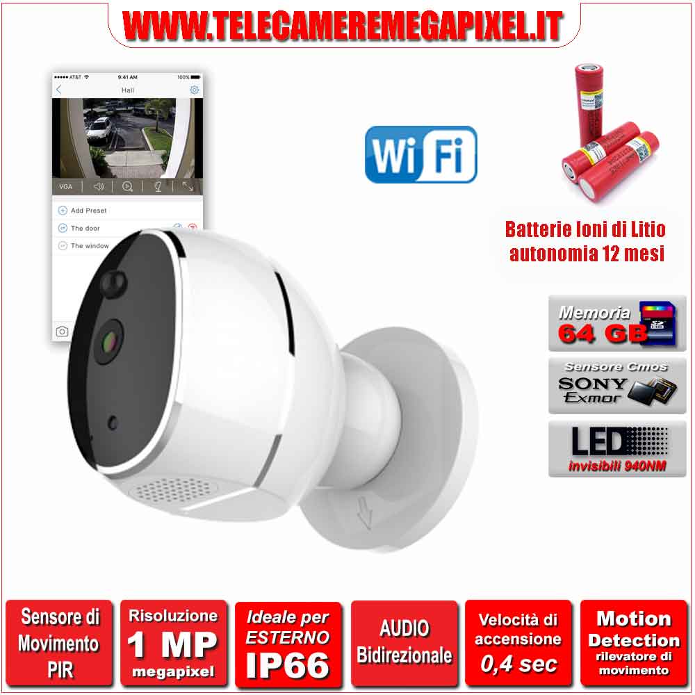 Telecamera Con Batteria Al Litio Wifi Sd 64 Gbyte Sens Movimento Pir